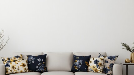 A minimalist setup with a white couch adorned with floral pillows, set against a plain white wall, emphasizes simplicity.