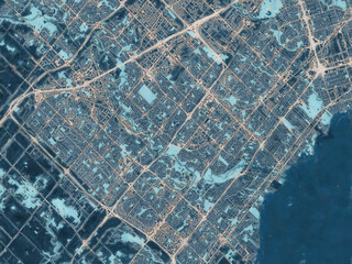 Painterly Style City Map of Mississauga Ontario, Canada in a Blue Color Scheme.