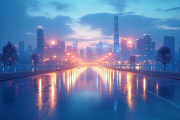 Obraz premium A misty city skyline at dusk, reflecting lights on a wet road.