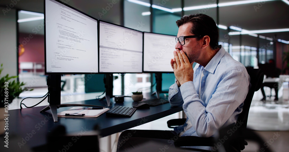 Poster Unhappy Sad Developer Programmer Man In Stress Coding Software