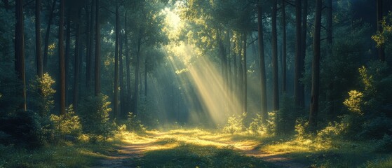 Obraz premium Serene Minimalist Forest, towering trees enveloped in gentle light, creating a tranquil atmosphere, inviting calm and reflection.