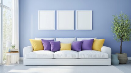 Fototapeta premium A minimalist living space with a white sofa, complemented by purple and yellow cushions, offering a serene atmosphere.
