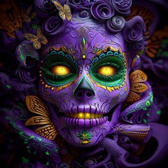 Bright sugar skull with neon purple and green patterns, glowing in dark, intricate swirls
