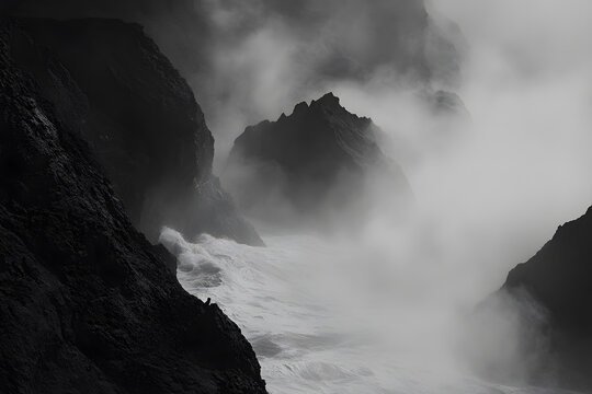 Fog rolling in over rocky coastline with crashing waves on the shore, serene and dramatic ocean scene.