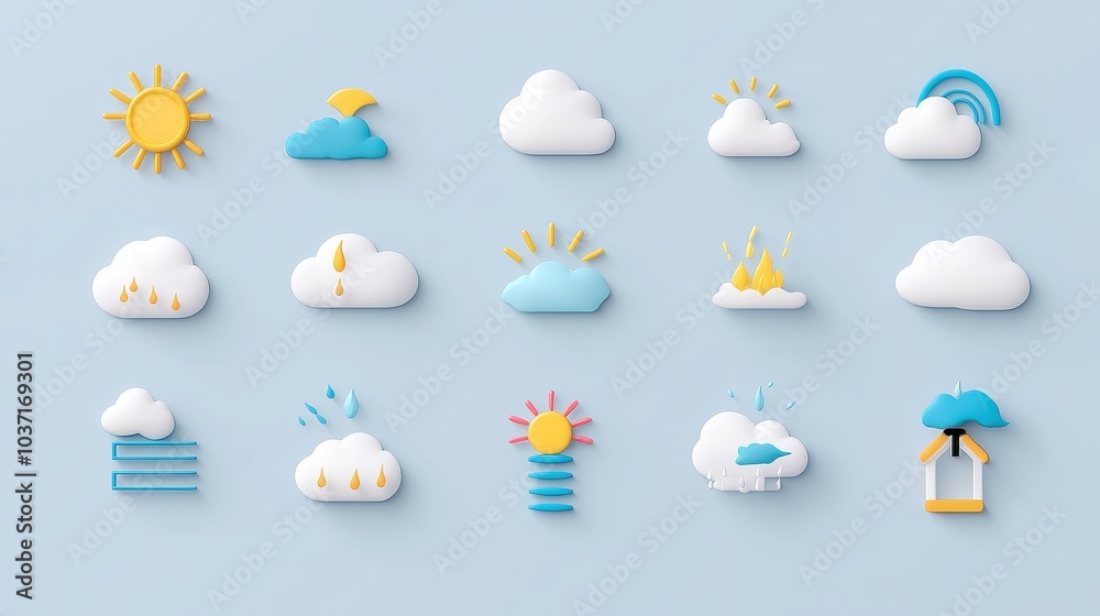 Wall mural weather icon animation set, a collection of seamless loopable icons depicting various weather condit