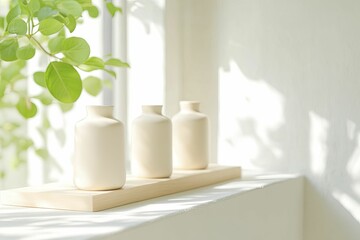 Eco-friendly packaging showcase in a modern retail space, minimalist layout, bright lighting