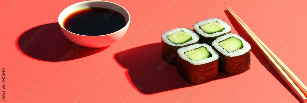 Poster a japanese sushi roll featuring fresh cucumber sits next to a bowl of soy sauce, with chopsticks res