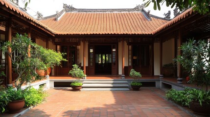 Fototapeta premium A beautiful traditional courtyard house featuring a distinctive tiled roof, lush greenery, and intricate wooden elements.
