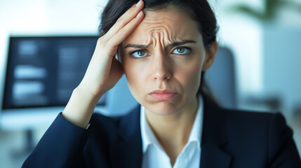 Stressed businesswoman with furrowed brow in office setting.
