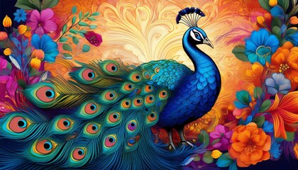 illustration of a peacock proudly displayed against a vibrant floral background, showcasing intricate details and rich colors in a harmonious design