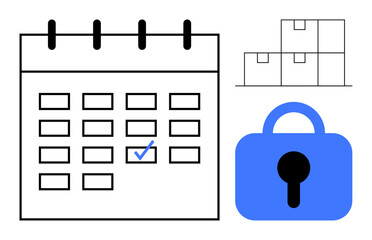 Calendar with a checkmark on a specific date, boxes or stacked items representing organization or storage, and a blue padlock symbolizing security. Ideal for scheduling, time management, planning