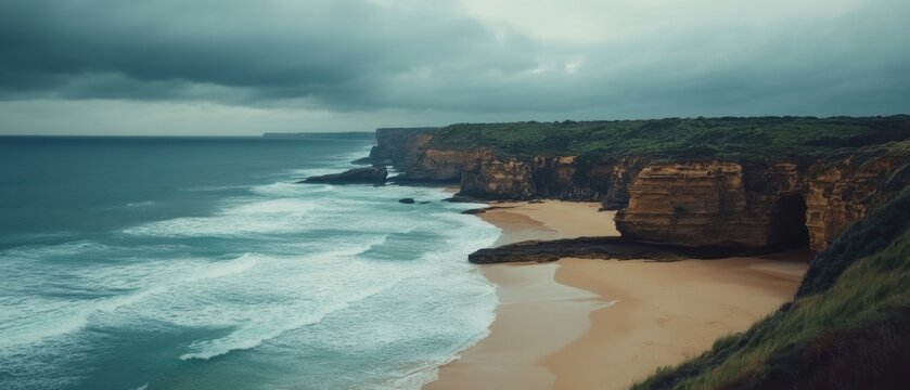 Towering storm clouds rolling across a dramatic coastal landscape with vibrant ocean hues