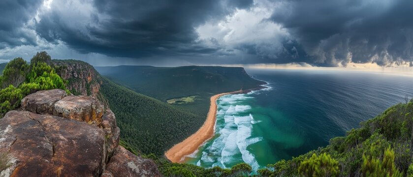 Towering storm clouds rolling across a dramatic coastal landscape with vibrant ocean hues