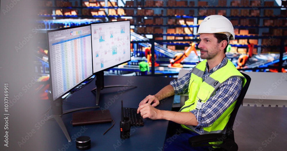 Poster warehouse manager sitting at desktop computer. delivery logistic