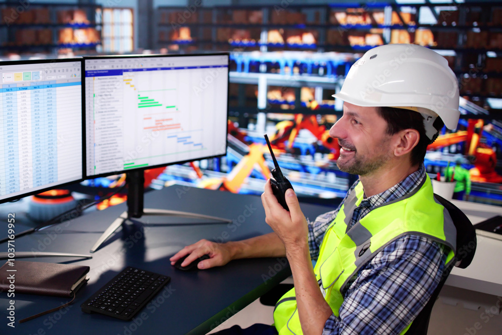 Poster Warehouse Worker Manager Using Computer And Walkie-Talkie