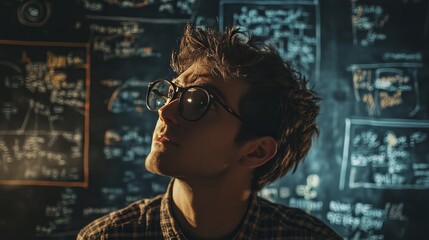 A pensive young man with glasses contemplates a chalkboard full of equations, scientific notes, and complex ideas in a dark setting.