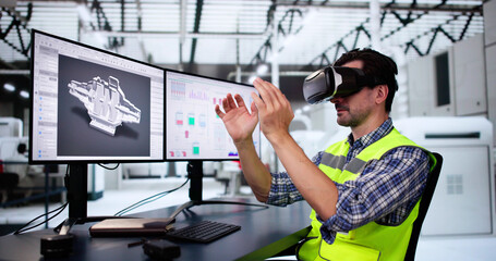 Virtual Reality Headset And Industrial Factory. VR Technology