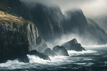 Waves crashing against fog-covered rocky coastline, creating a serene yet powerful ocean atmosphere.