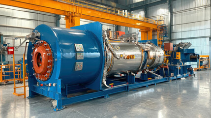 A large industrial machine with a blue and silver design, set against a spacious factory backdrop, is likely used for manufacturing or processing.