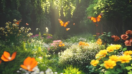 218. A beautiful garden filled with blooming flowers, butterflies fluttering, and a gentle breeze