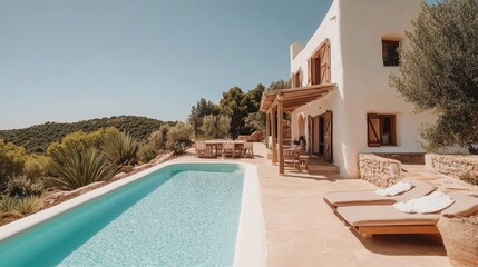 Fototapeta premium Stunning Mediterranean-style villa with a sparkling pool, lush greenery, and inviting outdoor seating area overlooking nature.