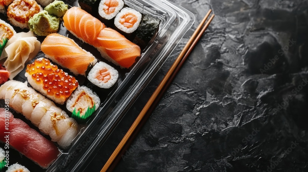 Poster delicious sushi of various types is elegantly displayed on a platter, perfect for catering at a gath