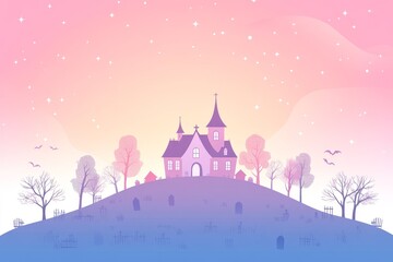 Fototapeta premium Cute cartoon vector silhouette of an old haunted house on a hill, surrounded by cemeteries and trees with little houses, against a pastel gradient background of pink, purple, and blue, in a kawaii art