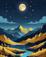Oil painting . Mountain landscape . Pattern to print for wall decorations.
