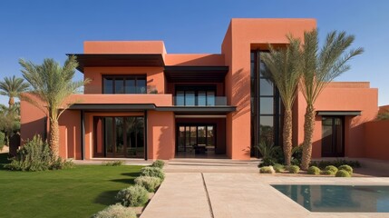 Fototapeta premium A modern terracotta mansion featuring sleek architectural lines, lush palms, and clear blue sky, exuding warmth and elegance.