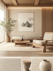 A Zen-inspired room featuring a traditional tea set and calming decor elements, bathed in soft natural light from the window.