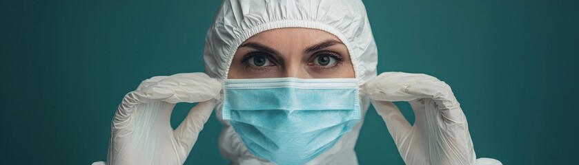 Nurse donning personal protective equipment, pandemic response scene
