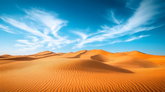 4. A vast desert landscape with rolling sand dunes, under a bright blue sky and a few wispy clouds
