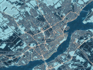 Painterly Style City Map of Quebec City Quebec, Canada in a Blue Color Scheme.