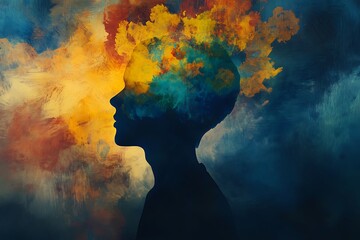 A silhouette of a person with vibrant clouds of blue, orange, and yellow emanating from their head, symbolizing imagination, creativity, and emotional energy.