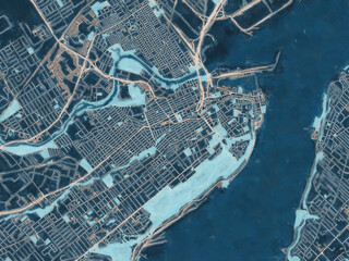 Painterly Style City Map of Quebec City center Quebec, Canada in a Blue Color Scheme.