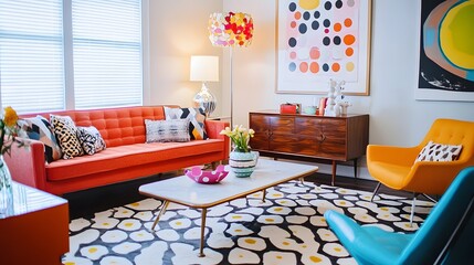 A playful mix of retro patterns and bold modern colors in a living room with vintage furniture pieces updated with a contemporary twist