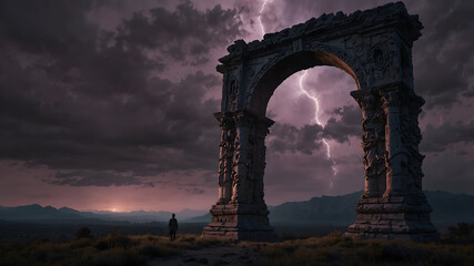 Fototapeta premium solitary figure stands beneath grand archway in dramatic landscape, illuminated by lightning against stormy sky. scene evokes sense of mystery and awe