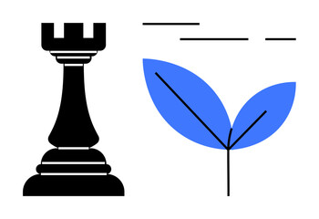 A black chess rook symbolizing strategy and a blue leaf representing growth and nature. Ideal for themes of growth, strategy, nature, development, and balance. Simple, modern, flat style
