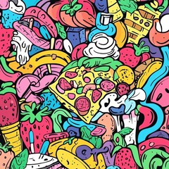 A vibrant collage of playful doodles showcases various foods such as pizza, ice cream, fruits, and colorful beverages in fun designs. Generative AI