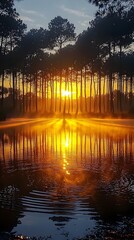 Obraz premium A serene sunrise reflects off a tranquil lake, surrounded by tall pine trees. The golden hues create a peaceful and enchanting atmosphere.