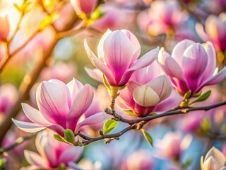 Fototapeta premium Closeup of Blooming Magnolia Flowers in Spring with High Depth of Field for Floral Photography
