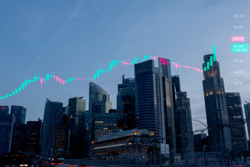 Fototapeta premium Double exposure, Chart of stock exchange and Singapore city financial building at night