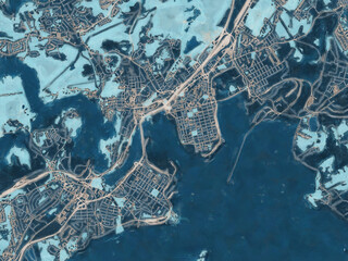 Painterly Style City Map of Saint John New Brunswick, Canada in a Blue Color Scheme.