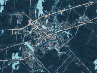 Painterly Style City Map of Saint-Hyacinthe Quebec, Canada in a Blue Color Scheme.