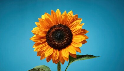Obraz premium Close-Up of a Radiant Sunflower in Full Bloom with Detailed Yellow Petals and Textured Center Against a Clear Blue Sky. Ideal for Nature, Summer, and Agricultural Themed Visuals or Background Design