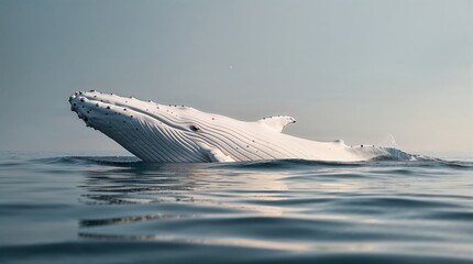Naklejka premium A majestic whale breaching the ocean surface, showcasing its massive body against a calm sea and soft sky. A breathtaking moment in marine wildlife photography.