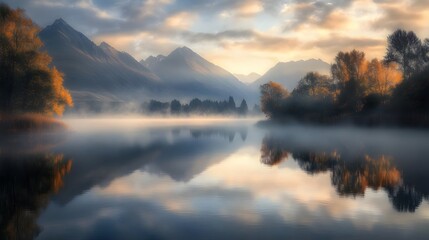 11. A serene lake at dawn, with mist rising off the water and mountains reflected in the surface