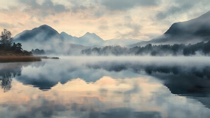 Obraz premium 11. A serene lake at dawn, with mist rising off the water and mountains reflected in the surface