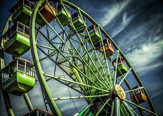 Closeup of Ferris Wheel Metal Guides and Booths Under Bright Blue Sky