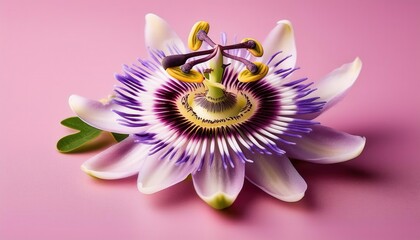Macro View of a Passion Flower in Full Bloom on Soft Pink Background. Stunning Botanical Portrait Highlighting Intricate Details, Perfect for Wellness, Spa, and Nature Inspired Design Concepts